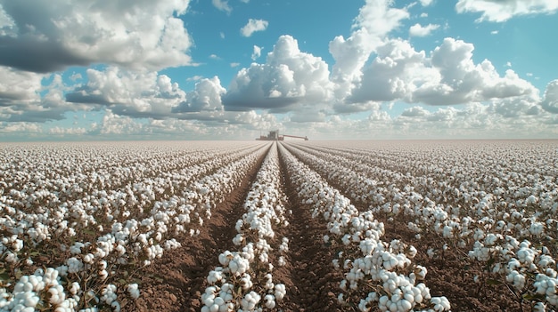 Photo vast cotton field with blooming white flowers under dramatic cloudy sky