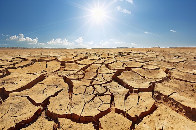 A vast cracked desert landscape under the scorching sun the ground is dry and brown with visible c