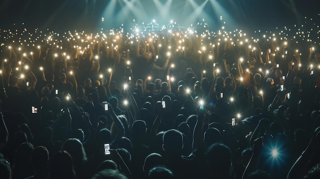 Photo a vast crowd at a concert their phones lighting up the night creating a sea of twinkling lights under a vibrant stage glow