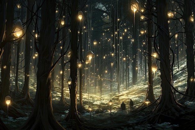 vast and dense forest of genetically engineered glowing trees