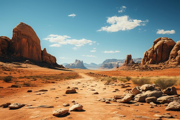 Vast empty desert with a solitary rock formation