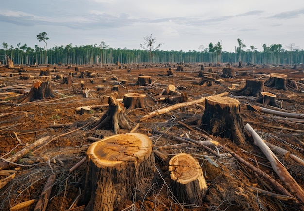 A vast expanse of clear cut forest with countless tree stumps scattered across the barren landscape