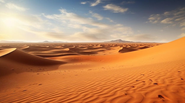 A vast expanse of sand dunes stretching out to the horizon in the Sahara desert