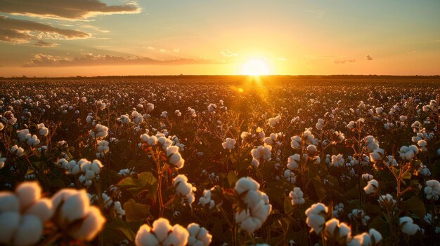 Photo a vast field of cotton plants glows in the warm light of a setting sun the fluffy white blossoms stand out against the golden landscape