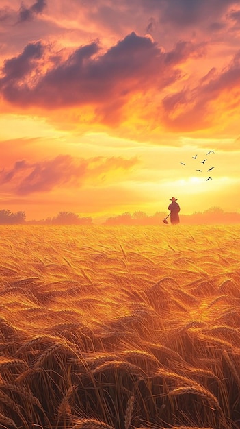 Photo vast field of golden wheat harvest at sunset