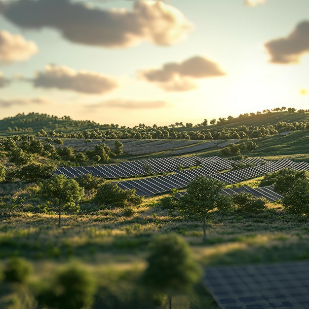 Photo a vast field of solar panels set against a backdrop of rolling hills and a clear blue sky