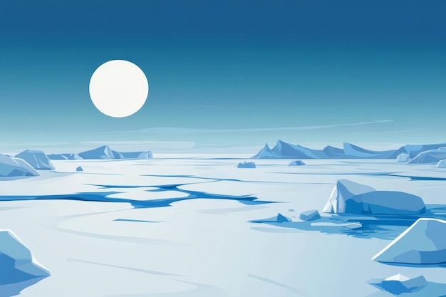 Photo a vast frozen landscape with a bright white sun and scattered icebergs