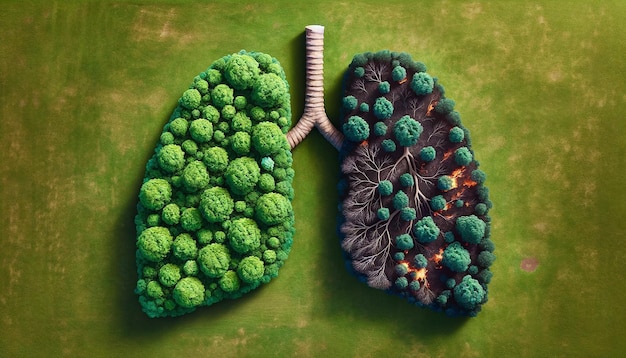 Vast green field featuring trees meticulously arranged in the shape of human lungs is smoking