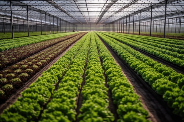 Vast greenhouse filled with salad plants Generative Ai