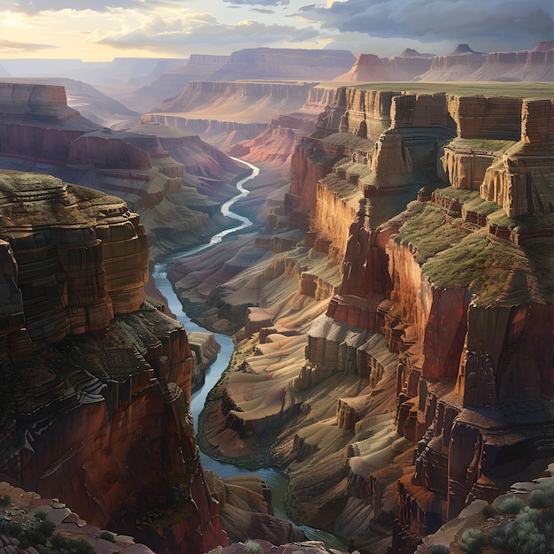 Vast Majestic Canyon with Rugged Cliffs Geological Layers and Serene River Under a Softly Colored