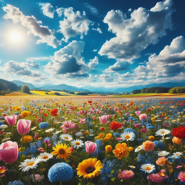 A vast meadow filled with a variety of vibrant flowers