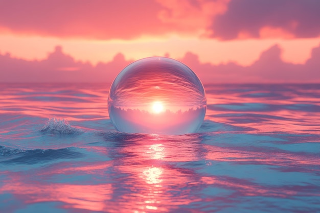 Photo a vast ocean horizon with a transparent dome hovering above the water reflecting the colors of a surreal sunset isolated on a soft pastel pink background