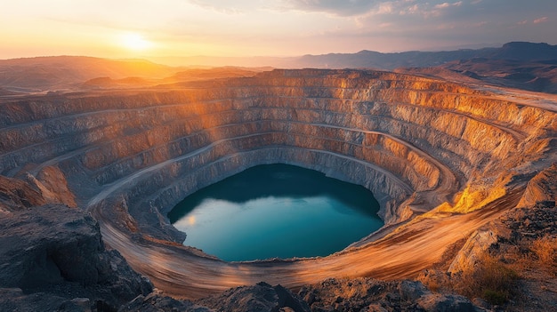 A vast openpit mine with a lake at its center bathed in the golden glow of a setting sun The mine39s layered terraces and winding roads create a dramatic almost alien landscape