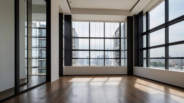 A vast peaceful room with large windows and a single black chair