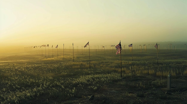 Photo a vast perfectly aligned field of american flags at halfmast in a military cemetery fading into a hazy horizon ar 169 job id 5995bb5954734a97a9d039fdc850dce7