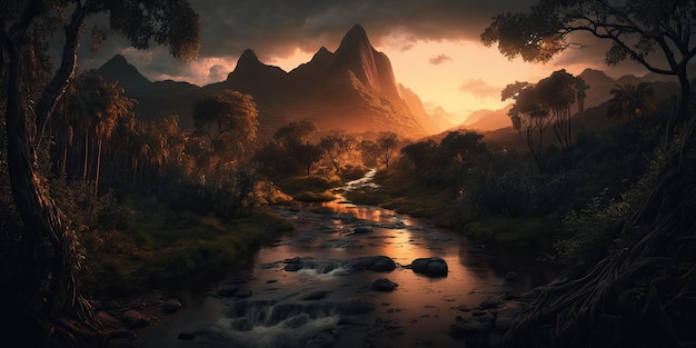 Vast rainforest with a river on a sunset evening with tall mountains created with generative AI