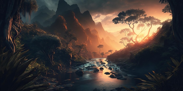 Vast rainforest with a river on a sunset evening with tall mountains created with generative AI