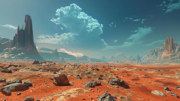 Photo vast red desert landscape with towering rock formations under a blue sky