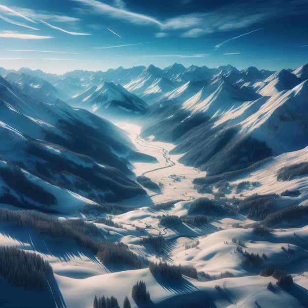 Vast snowy mountain landscape under a crisp clear blue sky on a bright winter day