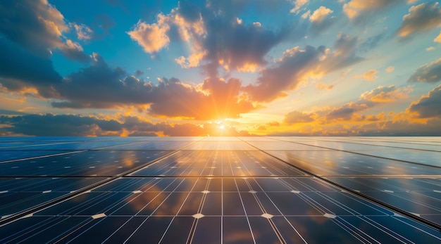 A vast solar panel array captures the golden rays of the setting sun highlighting renewable energy potential against a dramatic sky