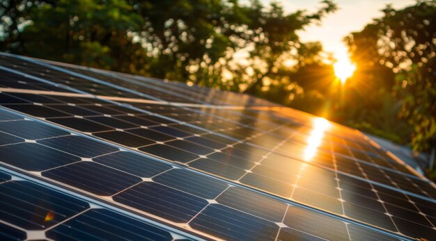 A vast solar panel array captures the golden rays of the setting sun highlighting renewable energy potential against a dramatic sky