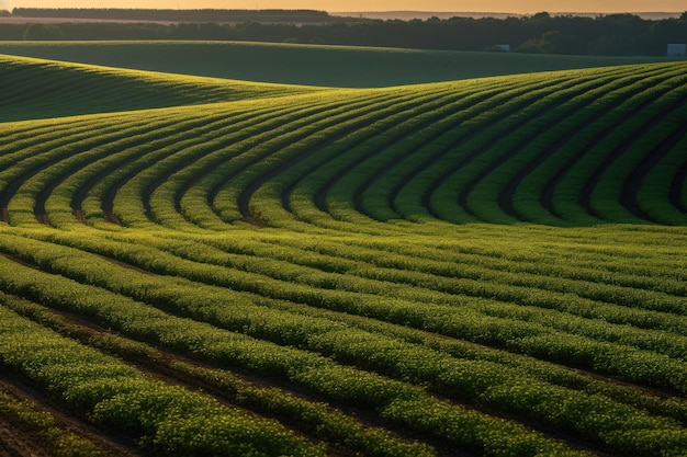 Vast soybean plantation in full bloom harvesters working under the sun generative IA