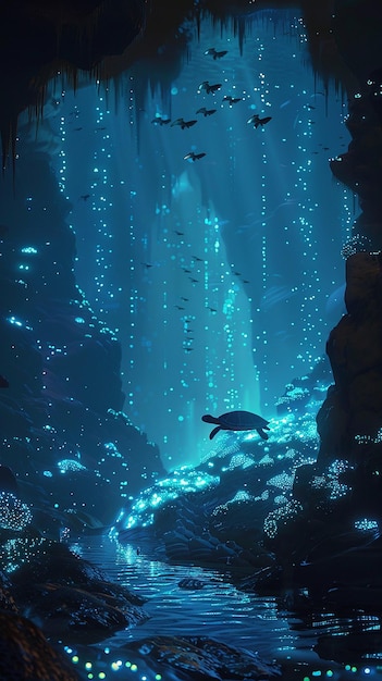 Vast Underwater Cavern with Colorful Marine Life