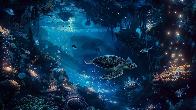 Vast Underwater Cavern with Colorful Marine Life