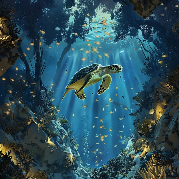 Vast Underwater Cavern with Colorful Marine Life