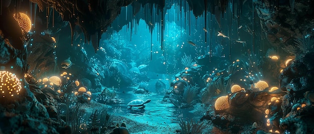 Vast Underwater Cavern with Colorful Marine Life