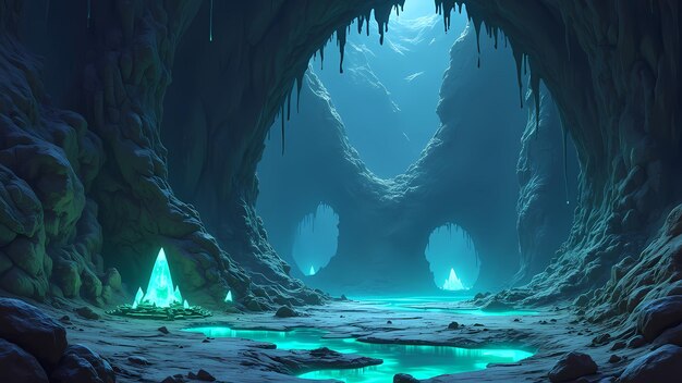 Photo vast underworld cavern with glowing crystals and ancient structures anime fantasy art