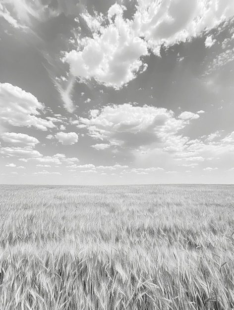 Vast Wheat Field Under Dramatic Cloudy Sky in Black and White