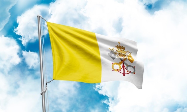 Vatican City Holy See flag waving on sky background 3D Rendering