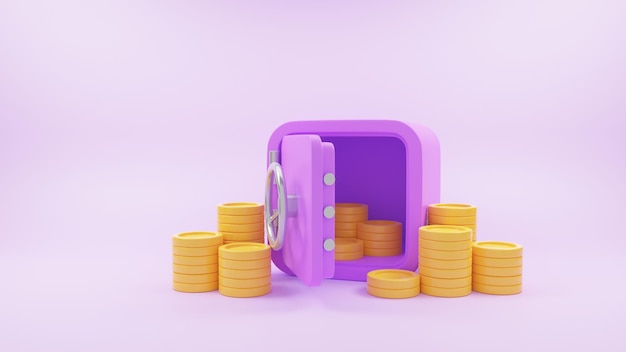 Photo vault or safe box with coin stacks, bunch of money, money-saving, stored money concept. 3d render