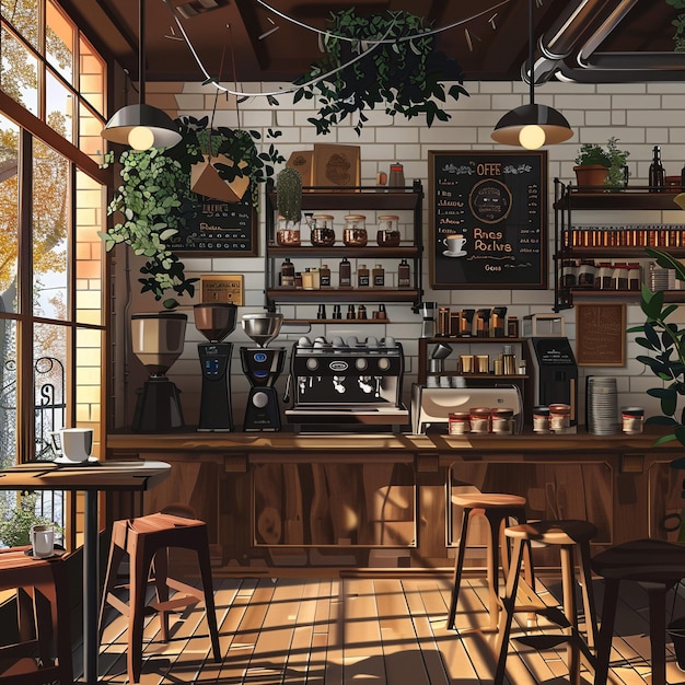 Vector 3D of a vintage coffee shop interior rustic furniture barista brewing coffee warm ambiance