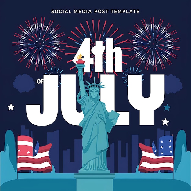 Vector 4th of july independence day social media post template with firework and statue