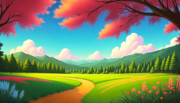 Vector abstract and dynamic background with organic nature trees mountain and river