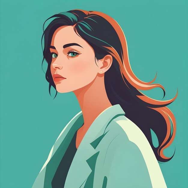 vector art of a beautiful woman with green eyes on sea green background