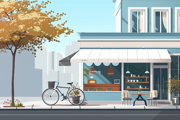 Photo vector art of bicycle by coffee shop with office