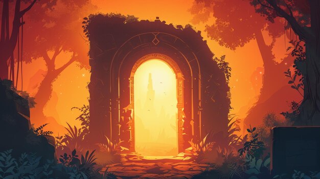 Vector art of a minimalist portal in a high fantasy scene subtle and ornate