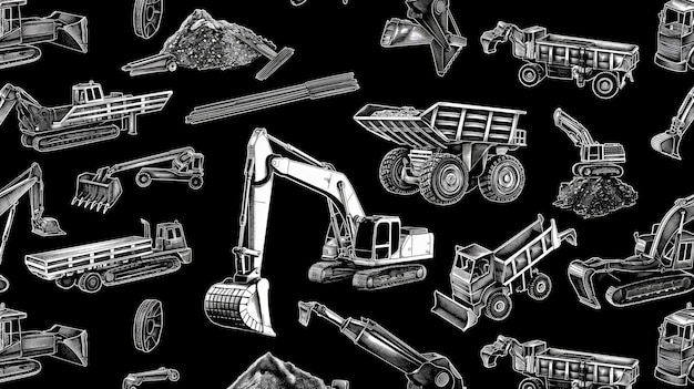 Photo vector art of of a seamless pattern hand drawn doodle black and white construction and quarry mach