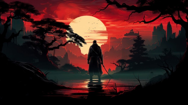 Vector art of a terrifying Ronin standing in the forest at night Black silhouette of Japanese samurai warrior against forest at night