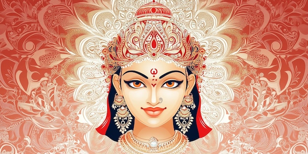 Vector artwork of Goddess Durga s face detailed ornaments and a warm smile with mandala patterns