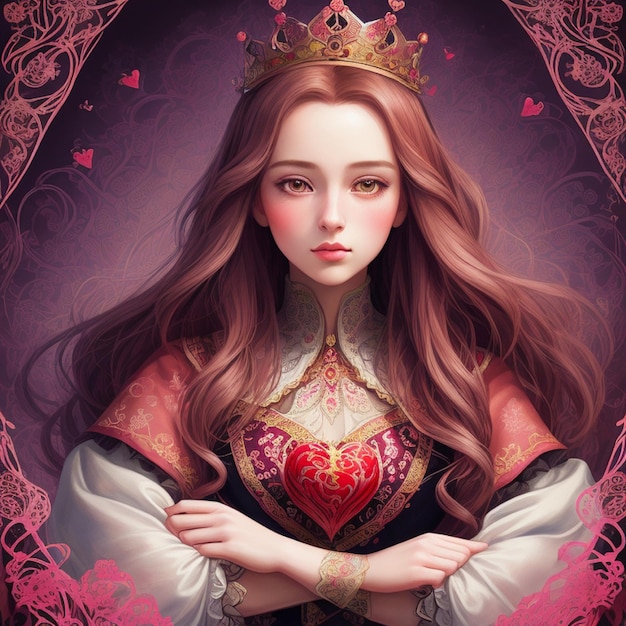 vector of a beautiful girl as a queen of hearts with long hair and a crown of hearts