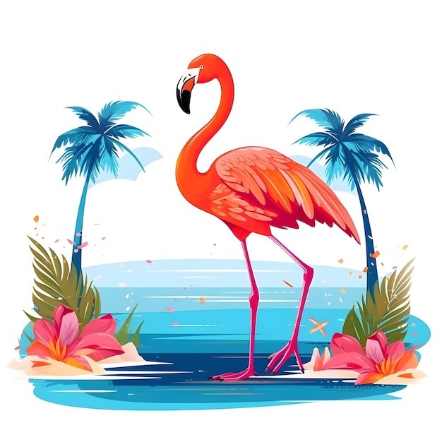 Vector cartoon flamingo standing on the Beach