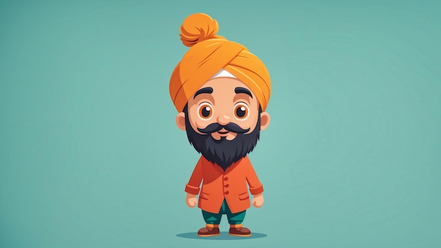 Photo vector cartoon illustration of indian man with turban and beard wearing orange turban