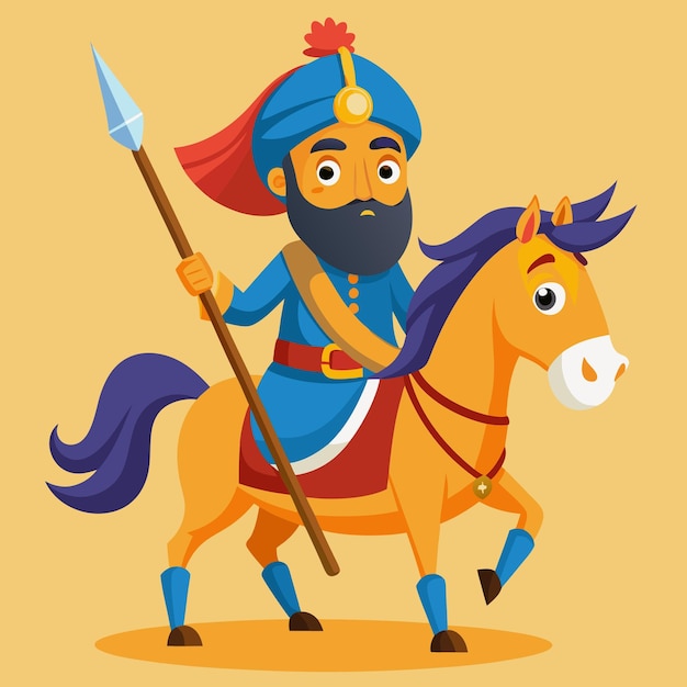 Vector Cartoon Illustration of Punjabi Nihang Sardar Riding Horse with Spear