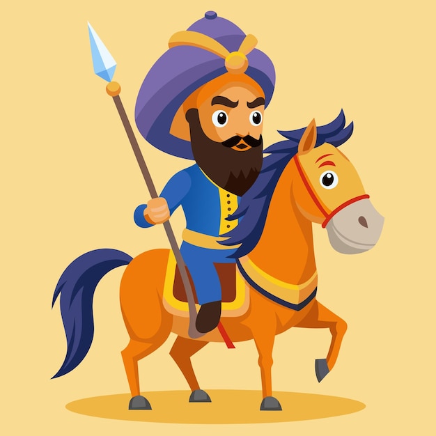 Vector Cartoon Illustration of Punjabi Nihang Sardar Riding Horse with Spear