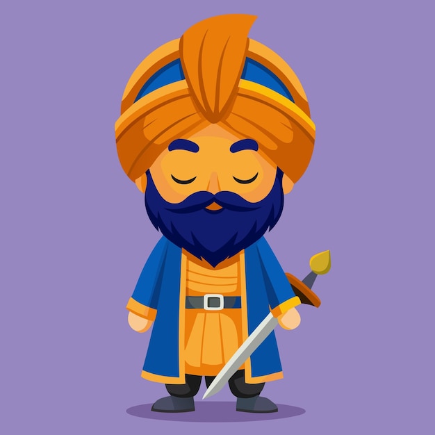 Photo vector cartoon illustration of punjabi nihang sardar with closed eyes holding sword