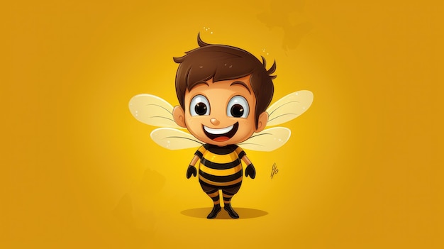 A vector cartoon kid in a bee costume buzzing around